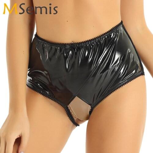 Women Patent Leather Underwear Wet Look Sheer Mesh Spliced Latex Panties Sexy Crotchless Lingerie Femme Sissy Open Butt Briefs