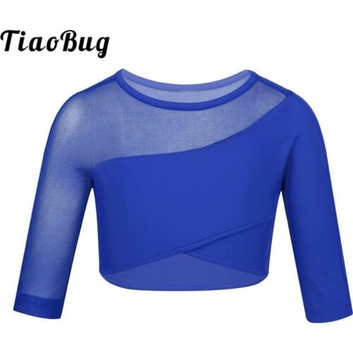 TiaoBug Girls 3/4 Sleeves Stretchy Breathable Asymmetrical Ballet Gymnastics Crop Tops Performance Sports Child Kids Dance Wear