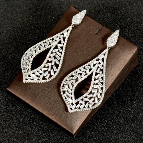 HIBRIDE New Fashion AAA Cubic Zircon Baguette Elegant Big Drop Earrings Dubai Gold Color Jewelry for Women brincos 2021 E-990