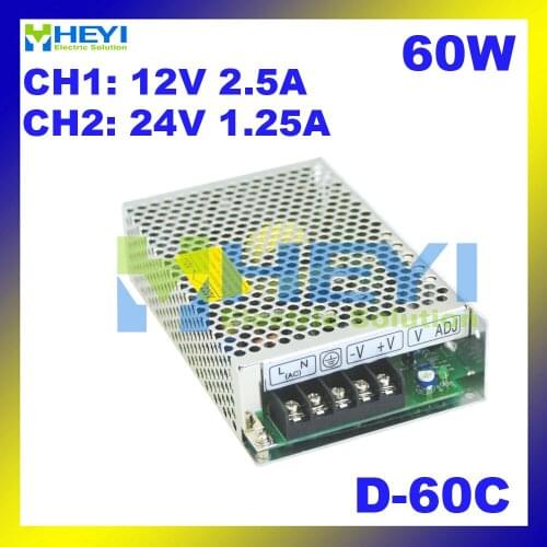 AC to DC dual output Switching Power Supply D-60C 110 / 220VAC output: 12V 2.5A & 24V 1.25A power supply