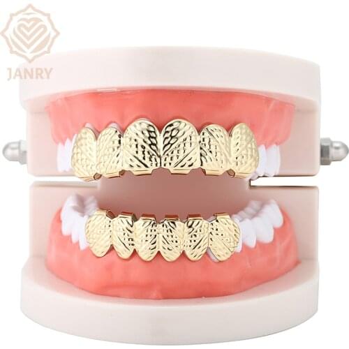 JANRY Hip Hop Gold Color Plated D- Cut Teeth Grillz Caps Top & Bottom Grill Set For Christmas Party Gift Women Men
