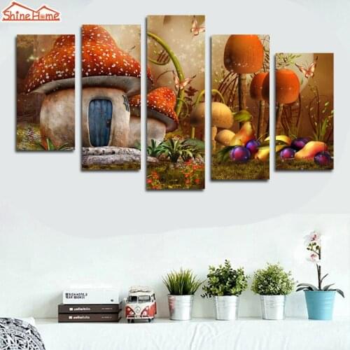 ShineHome-5pcs Wall Art Canvas Painting Printing Prints Cartoon Mushroom House Kids Room Picture Walls Living Room With Frame