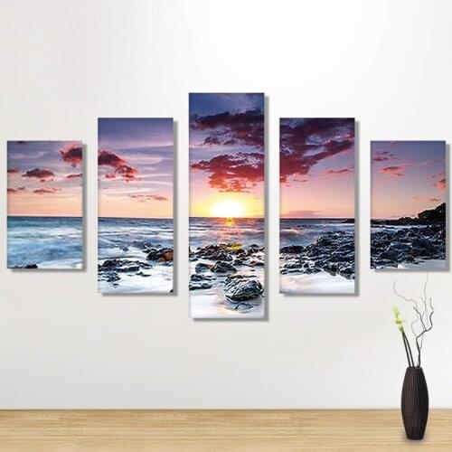 Ocean sunup 5D Diamond Paintings Five Connected Pieces Room Decoraitons Paste all diamonds Diamond Painting Home Decoration