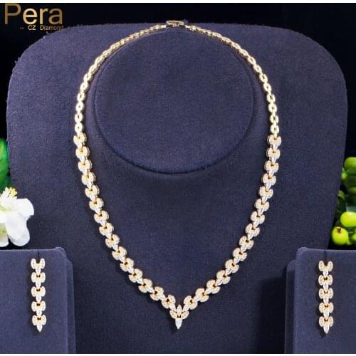 Pera Classic Marquise Cut CZ Stone African Gold Bridal Wedding Choker Necklace Earrings Sets for Bridal Jewelry Accessories J467