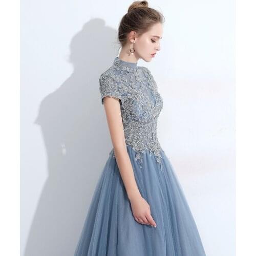 Greydish Blue Luxury long lady girl women princess performance banquet party ball prom dress gown free shipping