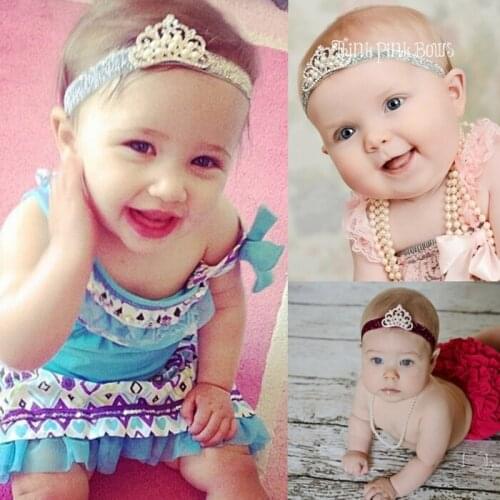 Retail Newborn DIY Shiny Elastic Baby Headbands With Rhinestone Tiara Korean Boutique Girls Hair Accessories With Pearl Crown