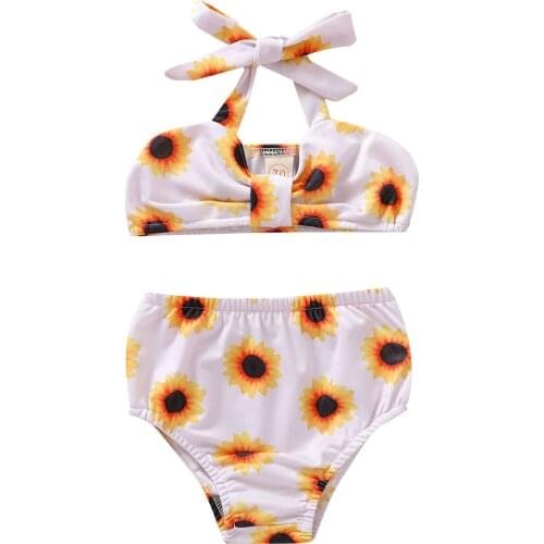 Cute Sunflower Two Piecs Swimsuit Kids Baby Girl Swimwear Halter Tops Triangle Briefs Summer Boho Infant Girl Beachwear 0-3Y