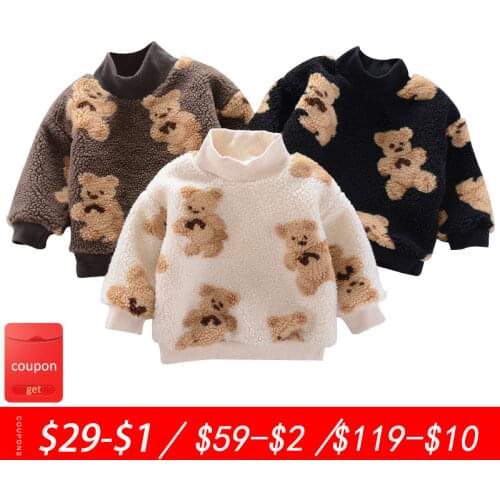 Baby clothes winter lamb velvet cartoon bear turtleneck sweater for baby boys and girls stylish thick warm cotton sweater top