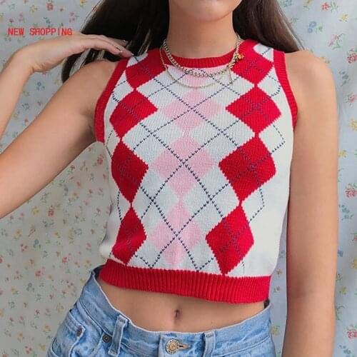 Vintage Argyle Sweater Y2K Sexy V Neck Vest Women Black Sleeveless Plaid Knitted Crop Sweaters Girl Casual Autumn Preppy Style