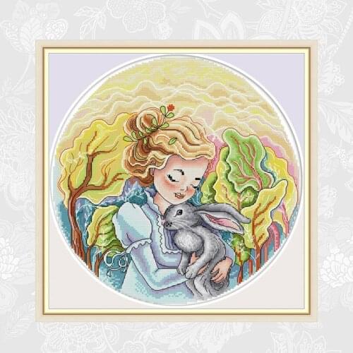 Girl and Rabbit Patterns Cross Stitch Fabric 14CT 11CT DIY Handwork Embroidery kit Needlework Set Wholesale Home Decoration