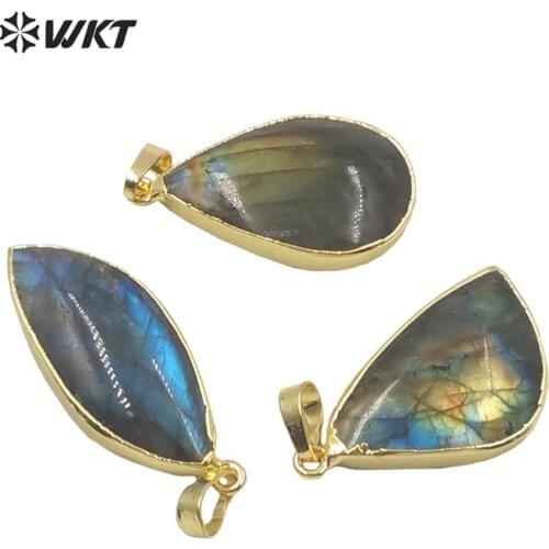 WT-P597 Wholesale Randomly shape raw stone labradorite pendant with gold dipped on edged