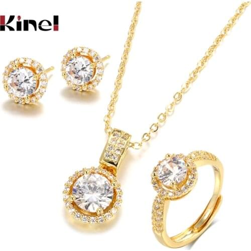 Kinel 18K Gold Zircon Jewelry Sets Engagement Ring Necklace Earring for Bridal Wedding Jewelry Valentines Day Gift for Women