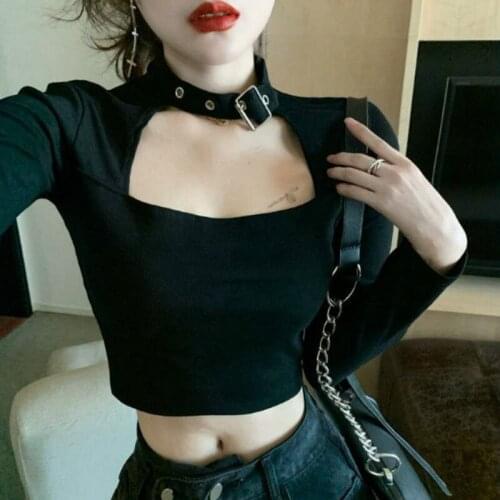 Gothic T-shirts Hollow Out Sleeve Punk Style Autumn Crop Tee Slim Fashion Streetwear 2021 Spring Autumn Women Top T35