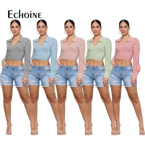 Echoine Sexy Long Sleeve Crossover Strap Bow Plaid Short Shirt Women Autumn Fashion Lapel V-neck Plaid Print Crop Top Streetwear