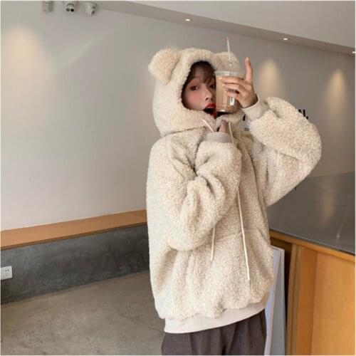 Female hoodie Korean winter casual cute bear ears warm plush coat warm shirt loose pockets oversized girl hoodie