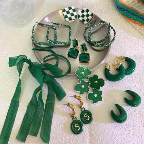 AOMU 2021 Ins Trendy Metal Acrylic Bow Geometric Tassel Flower Green Collection Earrings for Women Girl Trip Jewelry Gifts