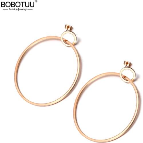 BOBOTUU Trendy Jewelry Office Style Double Circle Exaggerated Earrings Rose Gold Color Stainless Steel For Women Gifts BE18074