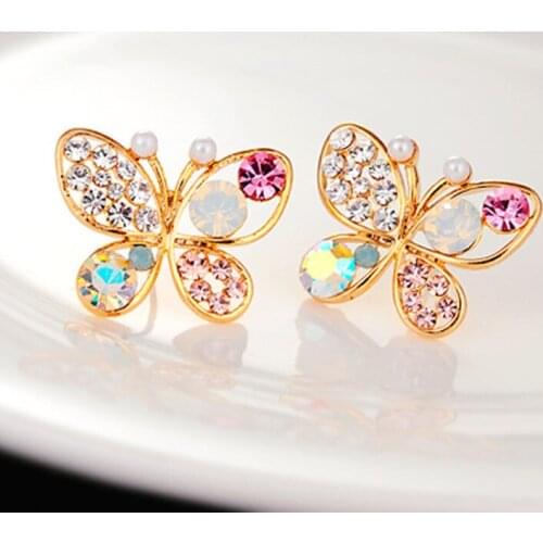 2020 New Fashion Vintage Jewelry Imitation Crystal Colorful Rhinestone Gold Butterfly Pearl Crystal Stud Earrings For Women