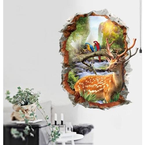 3D Wall Sticker Broken Hole Deer Landscape Decals Bedroom Living Room Decoration Self Adhesive Adesivi Mural Wall Posters