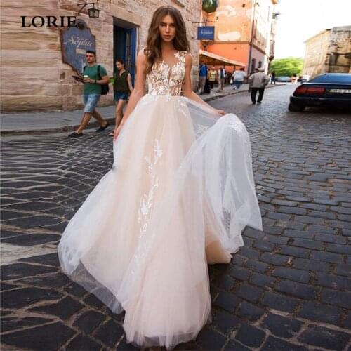 LORIE Champagne Bohemian Wedding Dresses Beach A Line Bridal Gowns Backless Modern Robe de mariee 2020 Wedding Gowns Plus Size