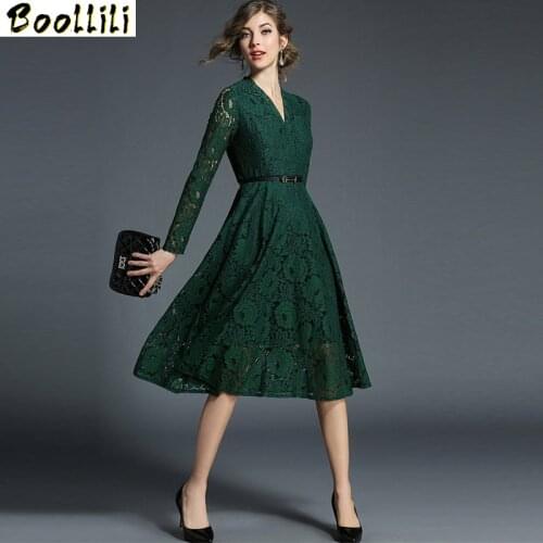 Boollili Summer Womens Dresses Korean Green Dress Sexy V-neck Hollow Work Embroidered Long-sleeved High Waist Party Lace Dresses