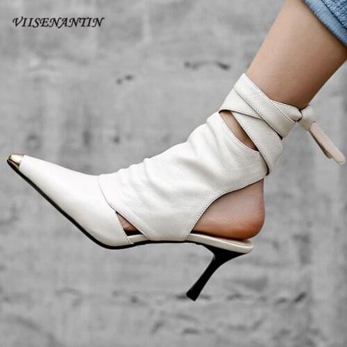 Summer New Fashion Retro Sandals Pointed Toe Metal Toe Stiletto Slingback Sandals Hollowed Out Toe Cross-tied High Heels