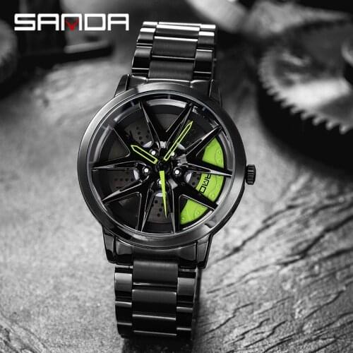SANDA Mens Wheel Watch Custom Design Sports Car Contour Mens Watch Stainless Steel Waterproof Mens Watch Relogio Masculino