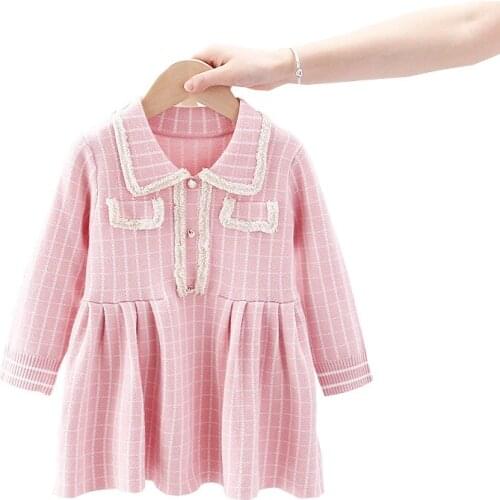 2020 Girls Dress Cotton 3-8Year Full Sleeve Children Sweater Plaid Lace Autumn Princess Dress Winter Girls Clothing