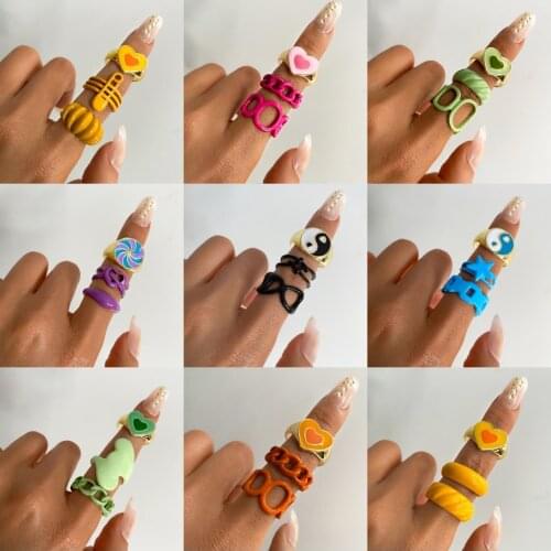 EN Punk Fashion Colorful Flower y2k Couple Rings Set for Women Fashion Acrylic Resin Heart Chain Ring Wholesale Jewelry Gifts