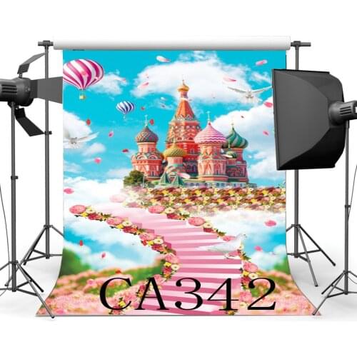 Photography Backdrops Dreamy Fairy Tale Castle Fancy Blooming Flowers Hot Air Balloons Blue Sky White Cloud Background