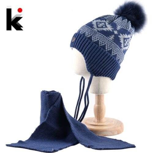 K Brand Winter Hat And Scarf Children Knitted Thick Beanie With Faux Fur Pompom Kids Warm Ear Flap Cap Boys Girls Lovely Hat Set