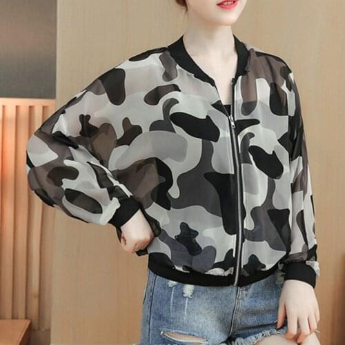 Camouflage Pattern Printing Sunscreen Jacket Female Long-sleeved Fashion Round Neck Zipper Placket Chiffon Jacket Female Summer