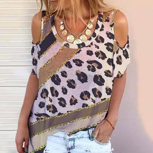 Summer Womens Short Sleeves Top Casual Sexy Leopard Print Patchwork Strapless Off Shoulder Tops T Shirt Рубашки футболка
