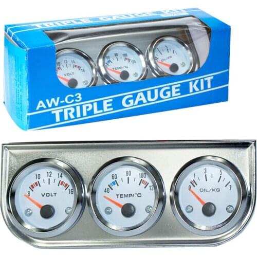 Chrome 2''52MM Triple gauge kit Voltmeter Water temp gauge Oil pressure gauge with Sensor Car Meter