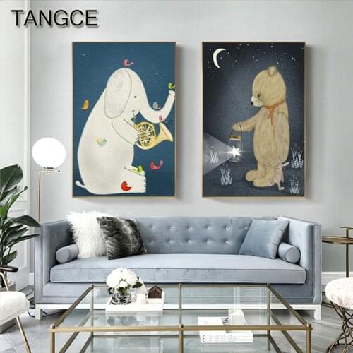 Nordic Animal Party Canvas Art Cute Bear Rabbit Elephant Wall Art Pictures for Bedroom Kids Abstract Cartoon Animal Poster Print