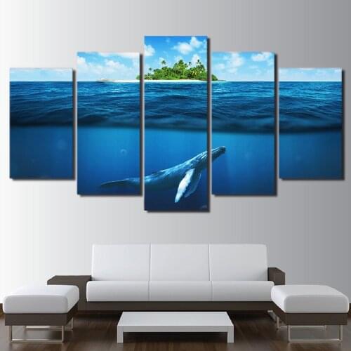 Canvas Painting Living Room Wall Poster 5 Piece Blue Deep Ocean Swimming Fish Frames In Modular Print Cuadros Decor Pictures