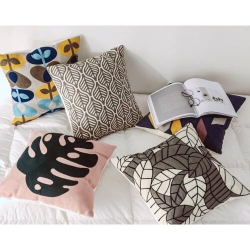 Tropical Embroidered Cushion Cover Grey Blue Yellow Pillowcase Canvas Cotton Square Embroidery Pillow Cover 45x45cm Home Decor