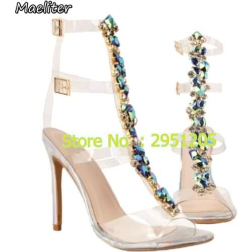 Latest Design Rhinestone PVC Transparent Stiletto Heels Sandals Shoes Crystal Ankle Wrap Lady High Heels Shoes Sexy Dance Shoes