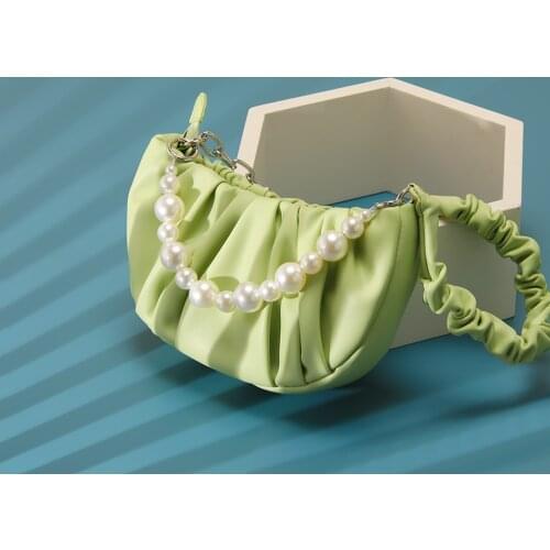 2021 New Wrinkle Half Moon Hobos Pearl Decoration Shoulder Bag Designer Small Soft Leather Zipper Handbag for Women