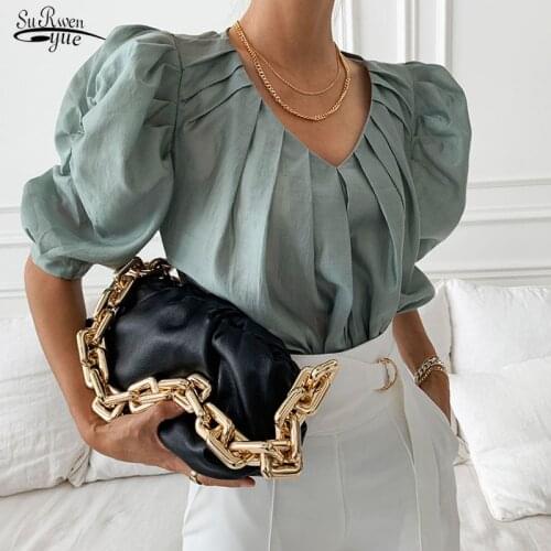 Summer New V-neck Pleated Puff Short Sleeve Women Shirt Blouse Korean Loose Women Tops Elegant OL Slim Chiffon Shirt Blusa 14944