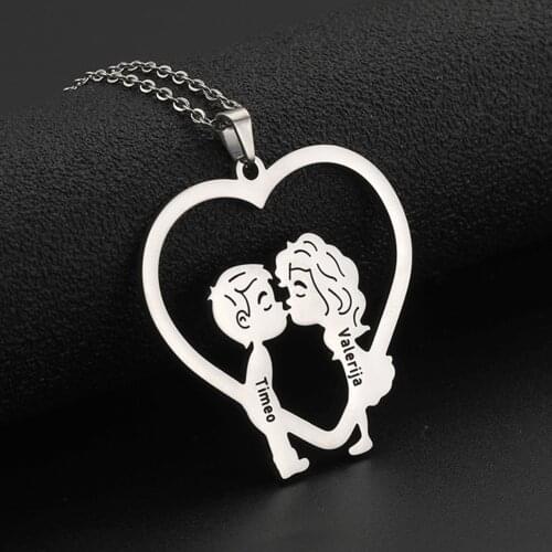 Boy Girl Kiss Lover Heart Name Date Necklace Jewelry Personalized Engraved Custom Gift Stainless Steel Gold Color Pendant Women