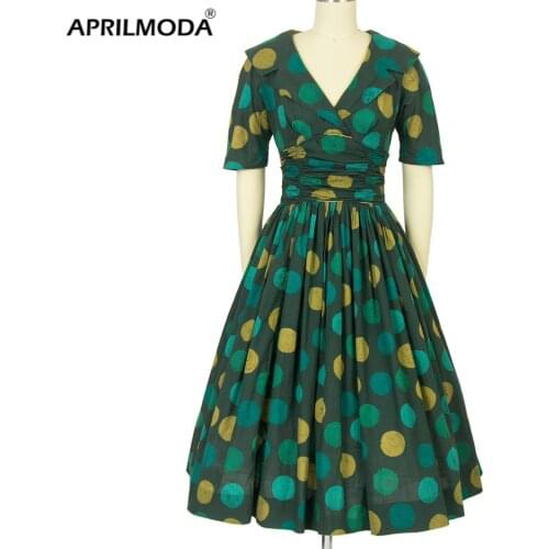 2020 Retro Vintage Rockabilly Dress Green Polka Dot Printed V Neck Short Sleeve Ruched Bust Pin Up 40s 50s 60s Casual Dresses