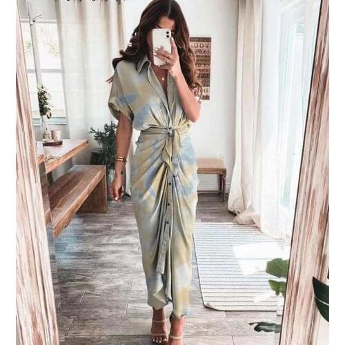 Sashes Summer Dress Woman Long Dresses For Women 2021 New Short Sleeve Shirt With Wrap Belt Black Casual Button Solid Sundress