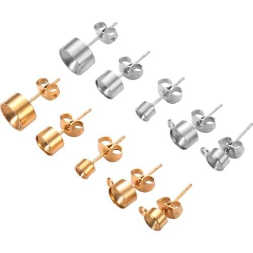 20Pcs/Lot Stainless Steel Gold Tone 3/4/5/6/8mm Blank Post Earring Stud Base For Earrings DIY Jewelry Making