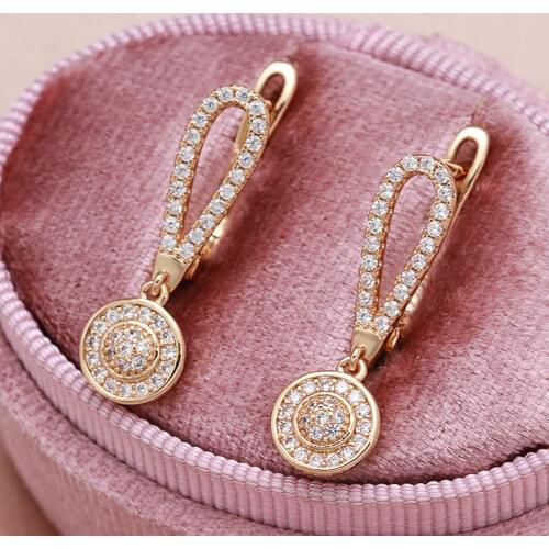 585 Rose Gold Zircon Drop Earrings Hearts & Arrows Stone Diamond Cut Natural Metal Flower Fashion Wedding Jewelry Fine Earrings