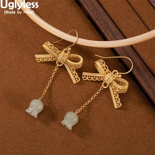 Uglyless Handmade Lace Bow Earrings for Women Lily of the valley Bell Orchid Jade Gemstone Earrings Real 925 Silver Dress Brinco