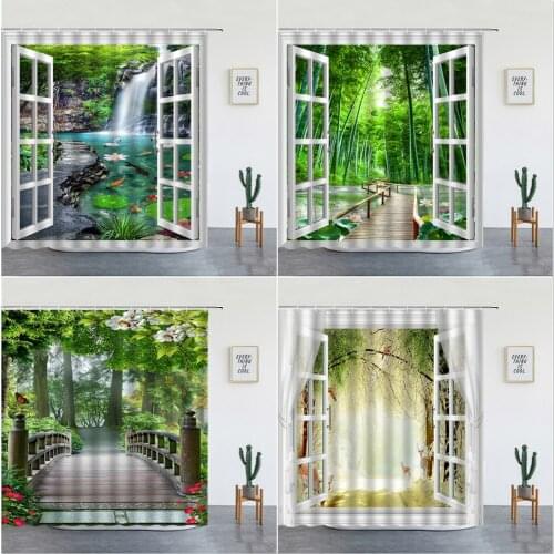 3D Landscape Shower Curtains Set Green Bamboo Forest Waterfall Natural Scenery Luxury Bathroom Decor Screen With Hooks Washable