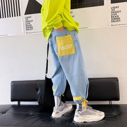 Hong Kong wind loose mens jeans male student beggar scans straight tube wide-legged pants casual nine points Harun leggings