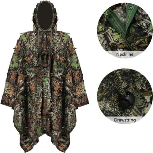 Tactical 3D Leaf Woodland Cloak Camouflage Hunting Clothes + Pants Ghillie Suit Outdoor War Game Airsoft Men Poncho Windbreaker
