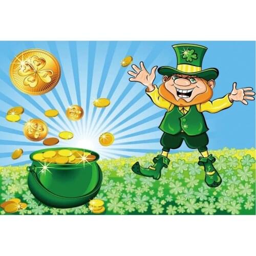 St. Patricks Day Backdrop Cartoon Clover Meadow Elf and Gold Coins Background Party Decor Photography Photo Booth Studio Prop